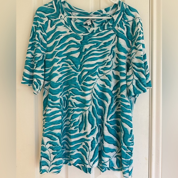 Chico’s Teal White Cool Palms Scoop Neck Tee size XL - Picture 1 of 8